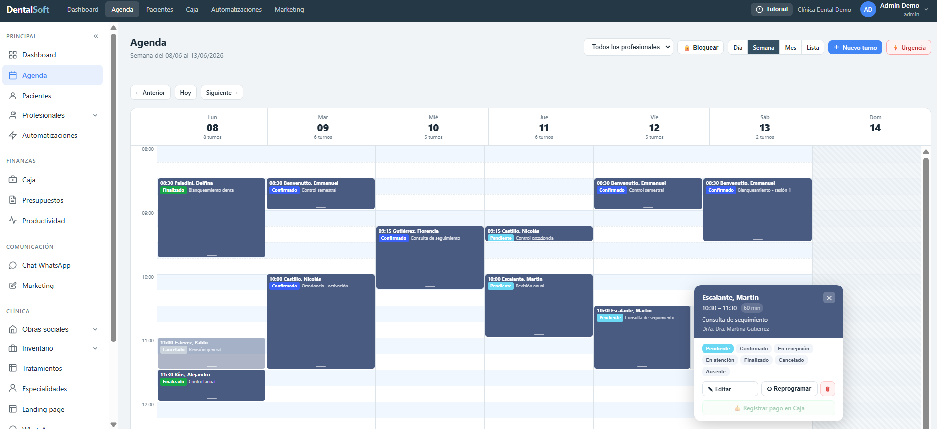 Agenda semanal de DentalSoft con turnos, estados y detalle del turno seleccionado