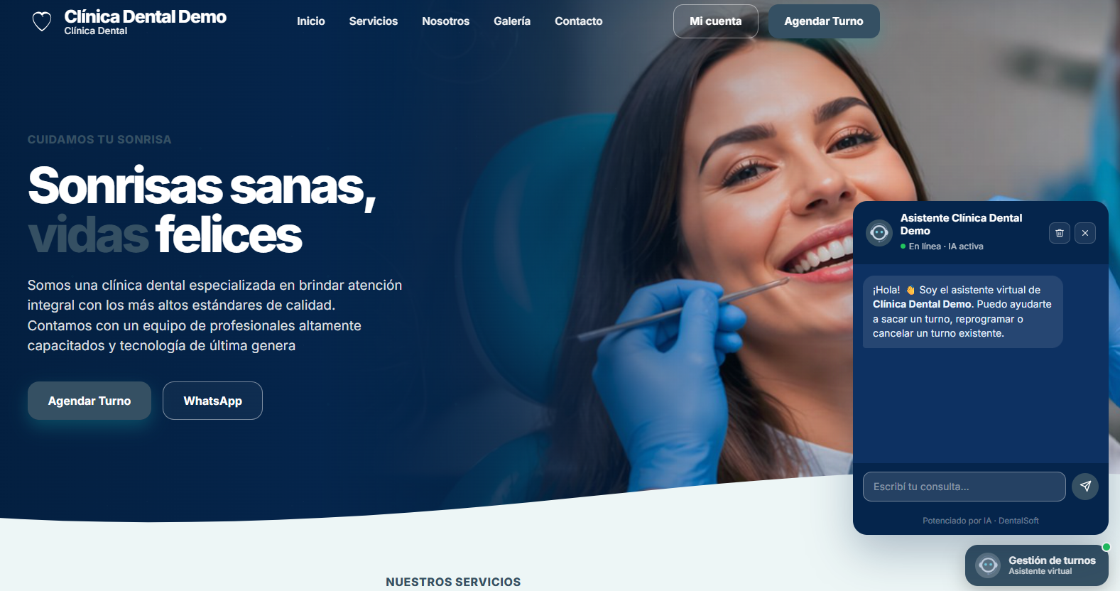 Página web de una clínica generada con DentalSoft, con asistente virtual, turnos online y botón de WhatsApp